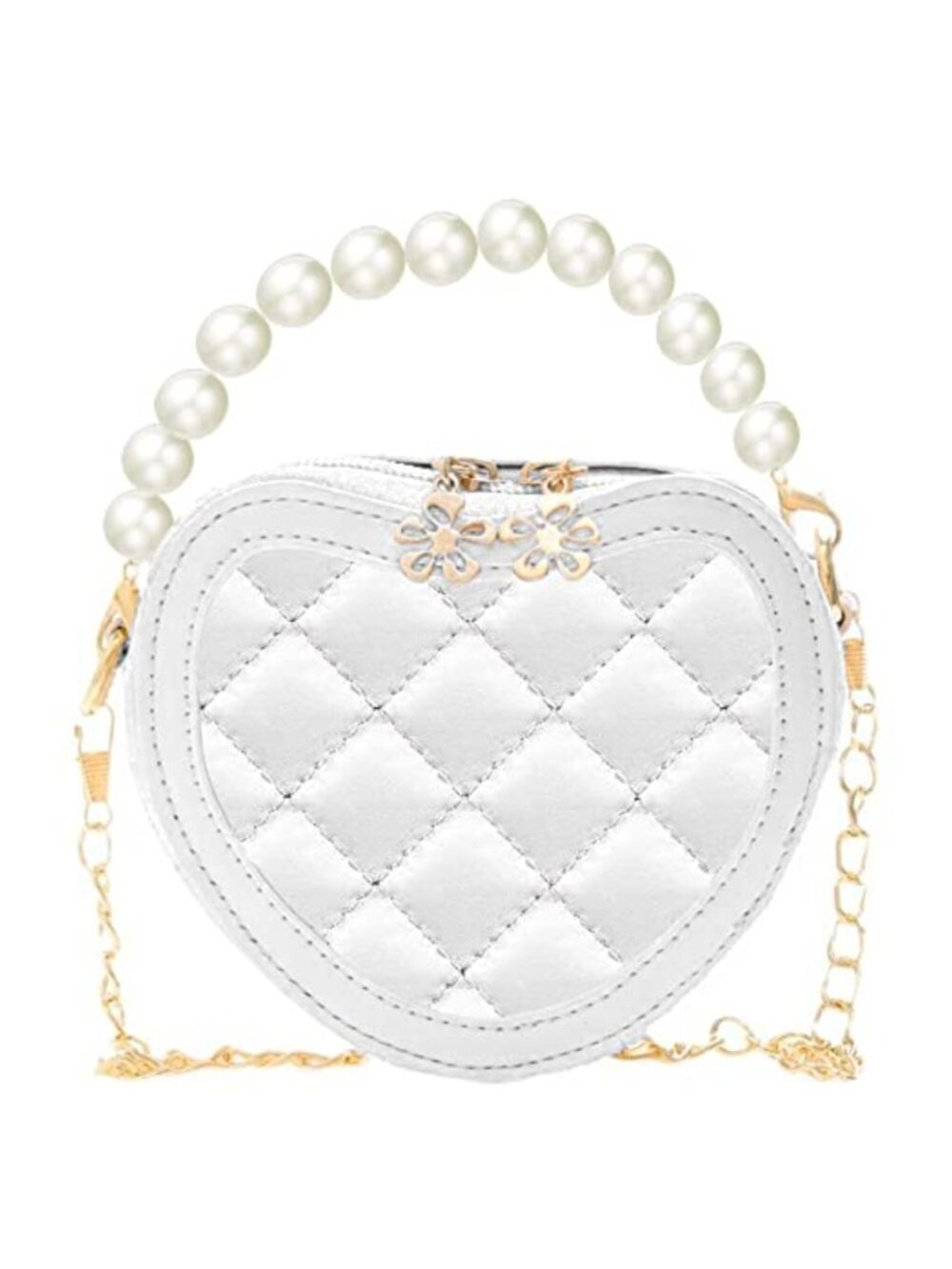 Little Girl Heart Crossbody Purse with Pearl Handle - PU Leather Mini Shoulder